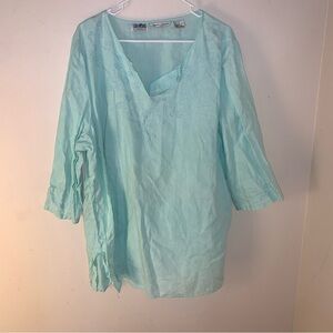 Edward…Woman Mint Green Irish Linen 3/4 Sleeves Embroidered Blouse Size 2X